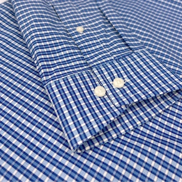BEN SHERMAN, LONG SLEEVES MEN’S SHIRT, “XL 16,” BLUE AND WHITE SMALL CHECKERED - Picture 9 of 16